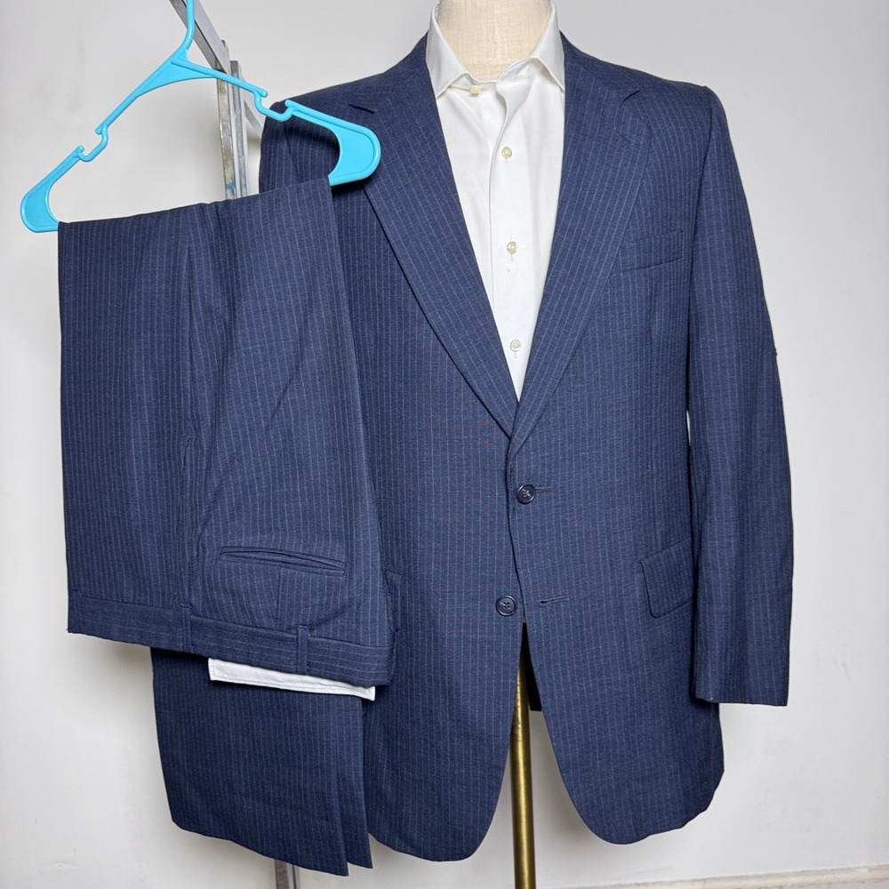 Kuppenheimer Suit Mens 40R 35x31 Blue Pinstripe Vintage 2-Button Wool Flat Front